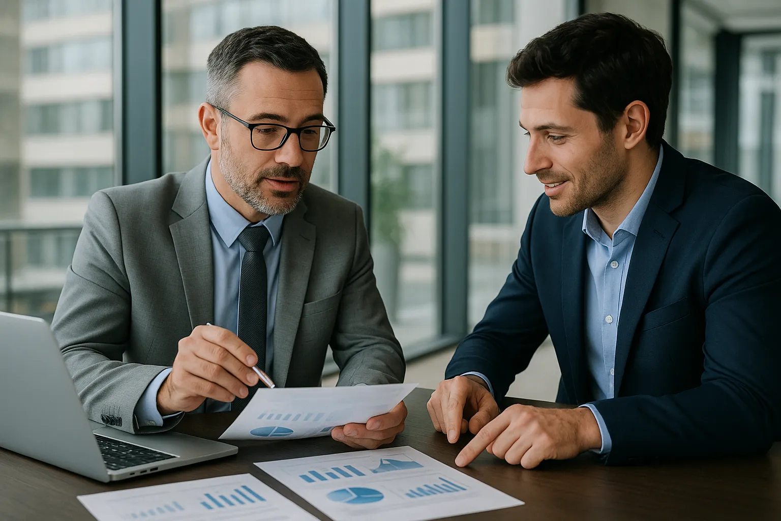 Two business professionals reviewing financial documents and charts at a conference table